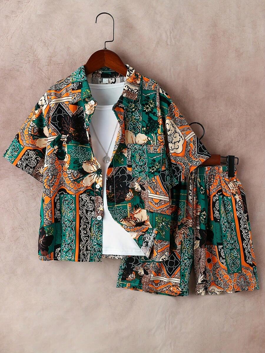 Set de 2 piezas de camisa y pantalones cortos estampados para niños, conjunto de ropa casual de verano para niños de 4 a 11 años - Multicolor - Ver 1