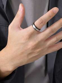 1pc Customized Text Stainless Steel Black & Silver Tone Unisex Fashion Ring, Personalized Gift For Girlfriend, Boyfriend, Parents, Family, Friends, Anniversary, Birthday, Graduation - Silver - View 4