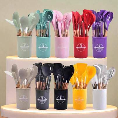 Wooden Handle Silicone Cooking Utensils, Cooking Spatula Spoon Tools, Heat Resistant Food Tongs Mixer Accessories, Kitchen Tools