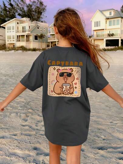 1pc Girls Casual Graphic Print Crew Neck Short Sleeve T-Shirt, Summer Student Young Clothing - Sunglasses, Bubble Tea Print T-Shirt Brings Joy And Happiness To Every Child!