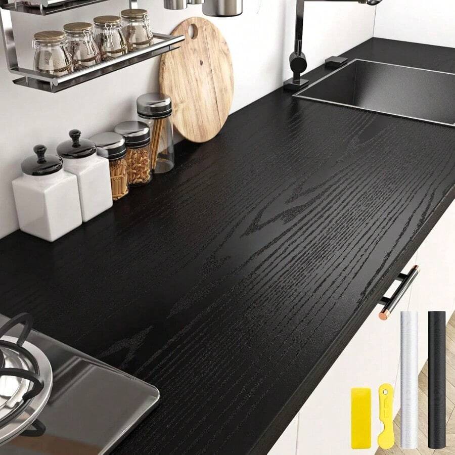 GALASALA Papel Tapiz para pared Autoadhesivo 40 x 500cm Resistente al Agua y al Aceite PVC Vinilo Adhesivo para Cocina Papel de Pared de Madera Mate para Hogar Oficina Encimera Decorativo Negro - Negro1 - Ver 1