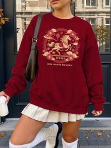 Women's Y2K Chinese New Year 2026 Sweater - Year Of The Horse Zodiac Sign Pullover, Lunar New Year Outfit, Round Neck Sweaters Suitable For All-Season Comfort & Horse Year Gifts Heart Print Crew Neck Sweatshirt,Ladies Casual Crew Neck Pullover,Ladies Cozy Valentine's Day Loungewear Crew Neck Sweatshirt - 赤紅 - 查看 6