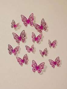 12pcs Pink Double-Layer Faux Butterfly Stickers, Suitable For Home Decor