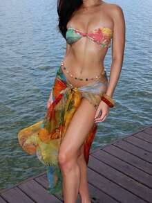 Women's 3-Piece Bikini Set For Spring & Summer, Strapless Tie-Dye Printed Sexy & Elegant Swimsuit With Beach Cover-Up, Suitable For Beach, Pool Party, Holiday Vacation - Multicolor - View 2