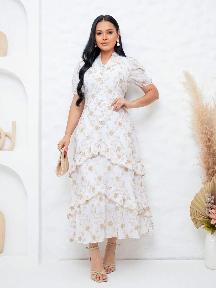 Women's Maxi Dress With Embroidered Appliqués, Puff Sleeves, Layered Skirt, V-Neck, Faux Buttons On The Bust, Elegant, Romantic And Perfect. - 白色 - 查看 1