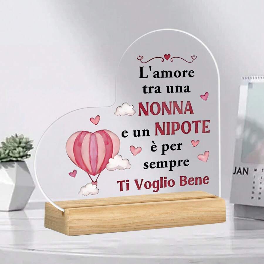 1 pezzo Decorazione da tavolo in acrilico con slogan in lingua italiana, su base in legno. La decorazione da tavolo da pranzo presenta slogan adatti per la sala da pranzo della fattoria di famiglia, il camino e il soggiorno. Può essere utilizzato come regalo, forniture scolastiche, regalo di compleanno, forniture per il ritorno a scuola, ecc.