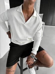 WAIT HIM 男士休闲日常通勤简约纯色罗纹V领Polo衫，春秋季 - 白色 - 查看 3