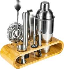 10-teiliges Cocktail Shaker Set aus Edelstahl mit Holzständer – Barzubehör Set für Home Bar & Cocktail Liebhaber - Standard - Übersicht 8