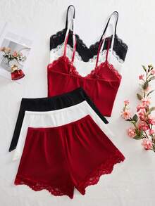 Bộ đồ lót gợi cảm 6 món cho nữ cúp tam giác dây đeo có thể điều chỉnh áo nữ và quần short trang trí nơ bộ đồ ngủ thoải mái mặc nhà màu trơn - Nhiều màu - Xem 3