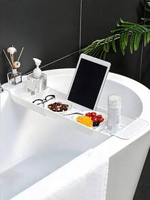 Expandable Multi-Purpose Bathtub Drain Rack, Plastic Bathtub Organizer Shelf, Can Hold Towels, Books, Drinks And Phones, Stylish Drainage Design, Suitable For Shower Accessories, Bookshelf Storage Rack Accessories, Shower Supplies