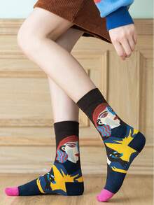4 Pairs Spring/Autumn Personalized Portrait & Landscape Painting Style Mid-Calf Socks, Fashionable Street Style Couples Socks, Artistic & Unique Design Socks - Multicolor - View 4