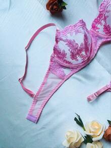Women's Sexy Lingerie Set, Embroidered Mesh Bra, Thong Panty, Sheer Push-Up Bra, Plunging Bra, Romantic Ladies Bra - Baby Pink - View 6