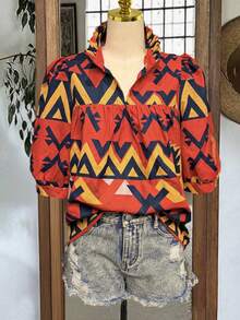 Vestido casual de vacaciones para mujer: Estampado geométrico con volante en el bajo, mangas farol, escote en V, corte holgado para verano - Rojo - Ver 2