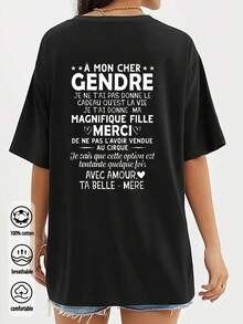 T-shirt ampia con stampa slogan, casual estiva da donna - nero - Visualizzare 1