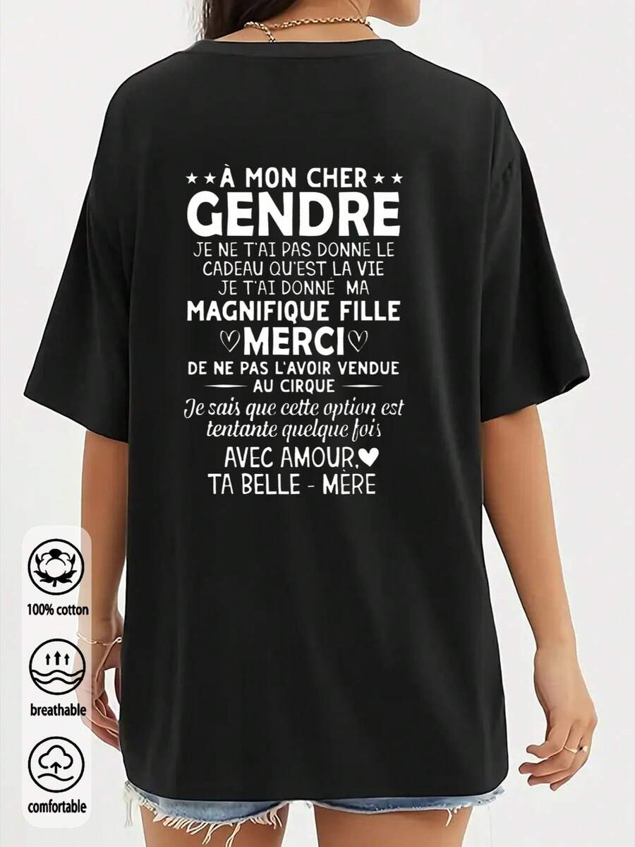 T-shirt ampia con stampa slogan, casual estiva da donna - nero - Visualizzare 1