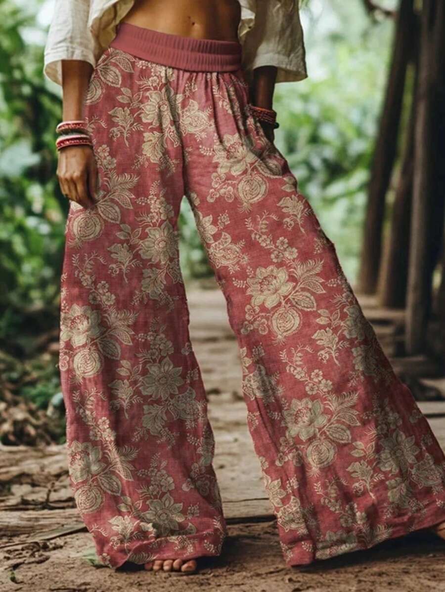 2026 Spring Summer New Arrival Bohemian Women's Pants - Burgundy Light Gold Floral Print High Waist Wide Leg Woven Pants - 粉色 - 查看 1
