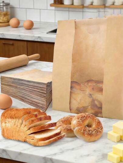 Large Capacity Kraft Paper Bread Bags With Window And Seal Sticker, Suitable For Homemade Bread, Toast And Other Baked Goods Packaging And Storage
