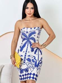 Fitted Dress With Toucan And Palm Tree Print, Beach Style, Spring And Summer, Vacation - 藍色 - 查看 3