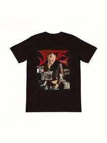 Camiseta Gráfica Stray  Li Longfu Bold - Camiseta de Moda Callejera Coreana con Diseño de Acento Rojo, Camiseta de Algodón Unisex de Corte Holgado para Mujeres y Hombres, Ropa Casual de Todos los Días para Todas las Estaciones - Negro - Ver 6