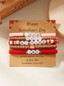 4/5/6pcs Valentine's Day LOVE Bracelet, Multi-Layer Rose, Couple Pink Heart Envelope, Soft Clay Beaded Elastic Bracelet, Valentine's Day Gift - Red - View 4