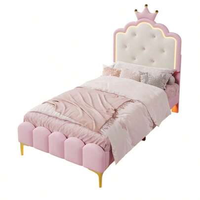 Upholstered Bed, 90 X 200 Cm, With Slatted Frame (Without Mattress), Ambient Lighting With Remote Control, Princess Shape, PU Material, Pink