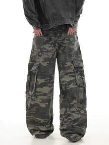 1件装 Justice Brother 街头迷彩多口袋宽松阔腿牛仔裤，男士休闲街头服饰 - 軍綠色 - 查看 2