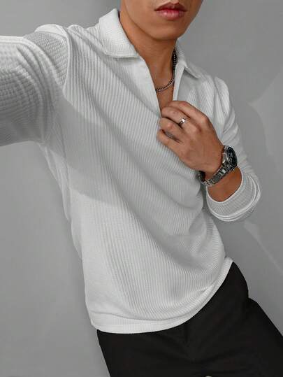 WAIT HIM Áo polo nam cổ chữ V, màu trơn, dáng casual, thích hợp mặc đi làm, mùa xuân/thu.