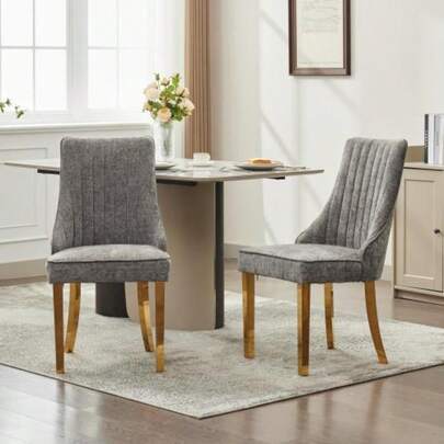 Rayon Cloth Flocking Chenille Dining Chairs Channel Kitchen Dinner Chair Comfy Fabric Upholstered Accent Chair For Dining Room With Golden Stainless Steel Plating Legs,Set Of 2 (Gray), DE1647GY