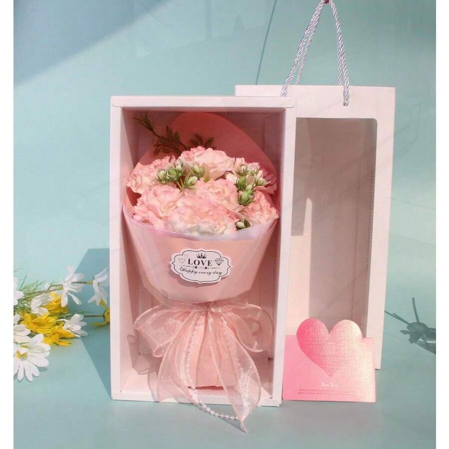 Ramo de Claveles con Lazo en Caja de Regalo Floral Romántico para Día de la Madre cumpleaños y Aniversarios Ideal Decoración del Hogar Bodas y Celebraciones. Rosa - Rosa - Ver 1