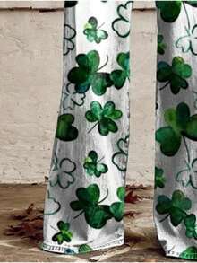 [Faux Denim Print/Imitation Faux Denim] Women'S White Wide-Leg Imitation Faux Denim With Green Clover Print - Non-Stretch Casual To Semi-Formal Trousers, All-Season Comfort, Charm Design For Everyday & St. Patrick'S Day Outfits - 黑色 - 查看 5