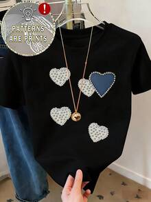 Camiseta blanca Nueva camiseta de mujer de diseño de cuello redondo con un estampado de corazón elegante, perfecta para uso casual y versatilidad diaria en una cómoda camiseta de manga corta. - Rosa Fucsia - Ver 5