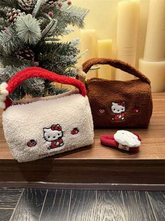1 pieza Bolso de mano 3D de Hello Kitty de Sanrio, bolsa de cosméticos grande y linda de lana con gran capacidad, neceser portátil, adecuado como regalo de Navidad y Año Nuevo, perfecto para Navidad y el Día de San Valentín