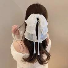 European And American Style Multi-Layer Pearl Claw Clip High-End Black Ribbon Vintage Fashion High Ponytail Hair Clip For Women Back Of Head - 白色 - 查看 5
