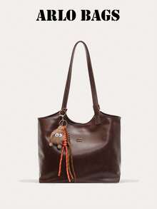 Bolso de mano de gran capacidad de unicolor clásico y elegante, con diseño de decoración con letras, sin decoración de colgante, de tela impermeable, adecuado para viajes, compras, ir al trabajo y salir de fiesta. - Marrón - Ver 10