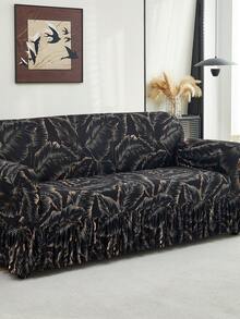 1pc Skirt Style Stretch Sofa Cover, Soft & Comfortable, Printed Stretch Furniture Protector, Multiple Sizes Available - Black - View 9