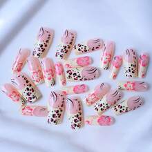 A Box Of 24 Pieces Of Nail Patches French Flower Leopard Print Design Mid-Length European Square Wearable Nail Sheets - Yellow - View 3
