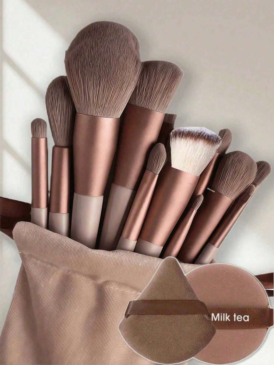 13pcs Makeup Brush Set With 2pcs Brown Makeup Sponges, Includes Eye Shadow Brush, Foundation Brush, BB Cream Brush, Concealer Brush And Other Soft Multi-Functional Makeup Tools, Convenient For Travel, Vacation, Beach. Also Suitable As Birthday, Anniversary, Valentine's Day, Christmas, Halloween, Teacher's Day, Graduation, Back To School, Thanksgiving Gift. - Multicolor - View 1