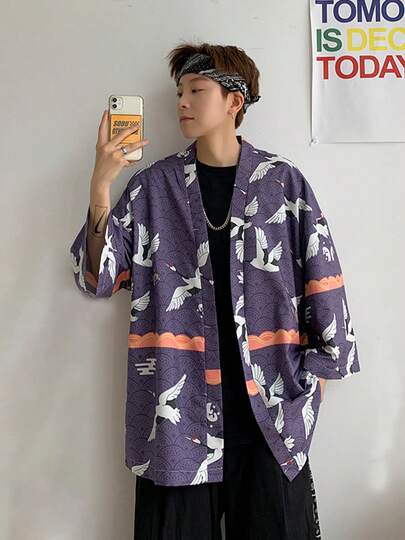 Japanese Ukiyo-E Style Crane Print Kimono Cover Up, Loose Fit For Summer Beach Vacation, Niche Design Swimsuit Cover-Up