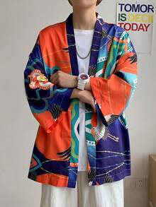 Retro Japanese Style Crane Print Kimono Cardigan, Loose Fit Versatile Lightweight Outerwear For Daily Wear, Spring/Summer - Burnt Orange - View 4