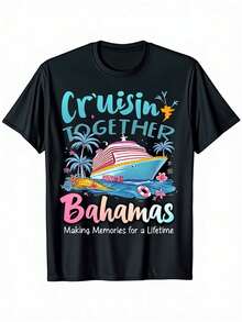 Camiseta de vacaciones en crucero familiar para hombres Cruisin Together Bahamas 2026 |   Camiseta de manga corta con cuello redondo suave y transpirable con estampado de palmera tropical y barco de crucero, ropa casual para todas las estaciones para conjuntos familiares, regalos de vacaciones y ropa para fiestas de crucero - Negro - Ver 1