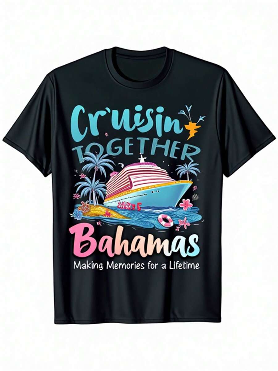 Camiseta de vacaciones en crucero familiar para hombres Cruisin Together Bahamas 2026 | Camiseta de manga corta con cuello redondo suave y transpirable con estampado de palmera tropical y barco de crucero, ropa casual para todas las estaciones para conjuntos familiares, regalos de vacaciones y ropa para fiestas de crucero - Negro - Ver 1