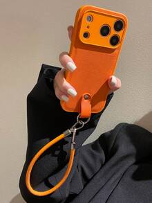 1pc Premium Orange Lychee-Textured Leather Phone Case + Short Strap Compatible With IPhone 17 Pro Max 17 Pro Air 16 15 14 13 12 11 Pro Max Plus Soft TPU Back Cover - Orange - View 5