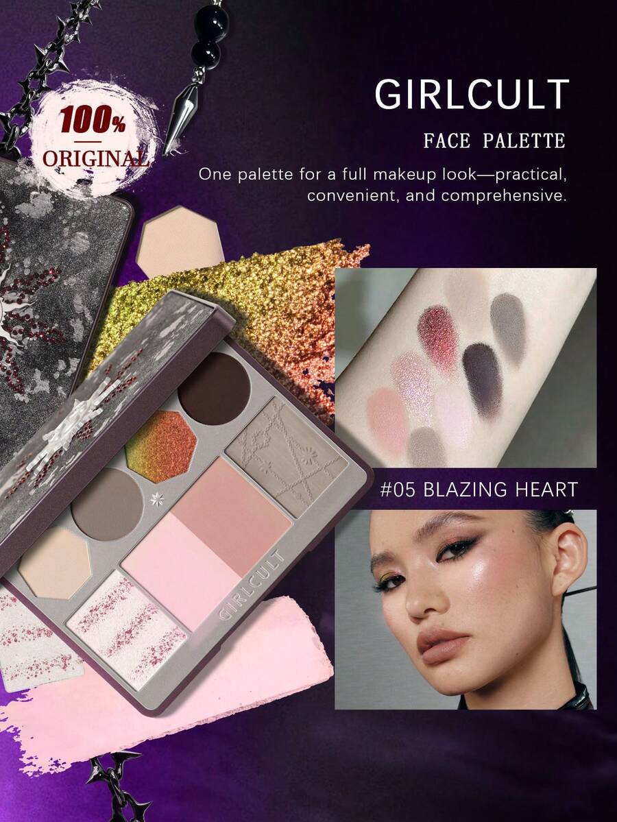 GIRLCULT Bảng trang điểm đa năng 13g/0.46oz, thiết kế màu sắc nghệ thuật, chất phấn lì và lấp lánh, bột mịn, dùng cho mắt, má hồng, highlight, bộ trang điểm di động, phối màu sáng tạo. - 05 Trái Tim Rực Lửa - Xem 1