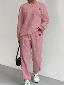 Women's Pink Ribbed Knit Matching Set: Oversized Sweatshirt & Wide Leg Pants Cozy Outfit For Christmas, Valentine's Day Gift, Coffee Runs, Or Casual Street Style. - 粉色 - 查看 1