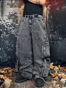 1 pieza Jeans casuales sueltos con cordón y bolsillo, estilo vintage desgastado gris para hombre, estilo callejero, múltiples tallas (cinturón y accesorios no incluidos) - Gris - Ver 6