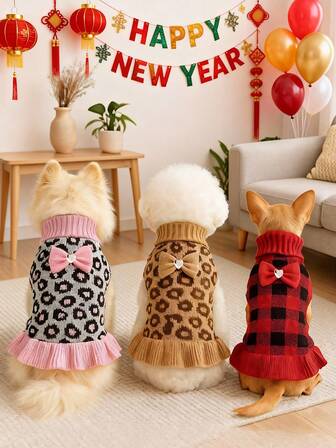 1pc Cute Christmas Red Plaid Dog Sweater Dress With Bow, Warm Turtleneck Knitted Fabric, Adorable Dog Dress Suitable For Small Dogs Like Teacup, Yorkshire, Chihuahua In Winter