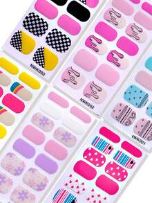 84pcs Summer Nail Art Sticker Set, Cute Cartoon Self-Adhesive Full Coverage Nail Stickers, Heart, Flower, Star, Black & White Plaid, Nail Art Supplies, DIY Home Manicure Gift, Multiple Nail Sticker Patterns, Short Nail Stickers, Suitable For Girls DIY Nail Salon Art, Nail Decoration Sticker Set, Nail Art Supplies - Multicolor - View 4