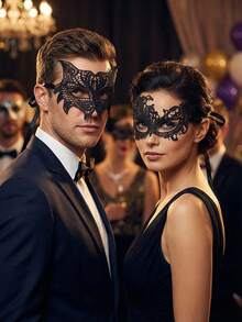 2pcs Black Lace Masquerade Mask Set, Sexy Vintage Style Half Face Mask With Tie, Unisex Suitable For Party, Ball, All Seasons - Multicolor - View 4