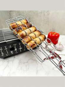 1个烧烤热狗架，不锈钢烧烤篮带木柄 - 可锁定烧烤架，不锈钢香肠架，适用于热狗、香肠和蔬菜，兼容燃气和木炭烧烤炉，非常适合后院和露营使用。