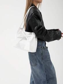 Nuevo bolso de cubo de moda, decoración de lazo, bolso de hombro, bolso de viaje, bolso de unicolor, primavera/verano - Blanco - Ver 3